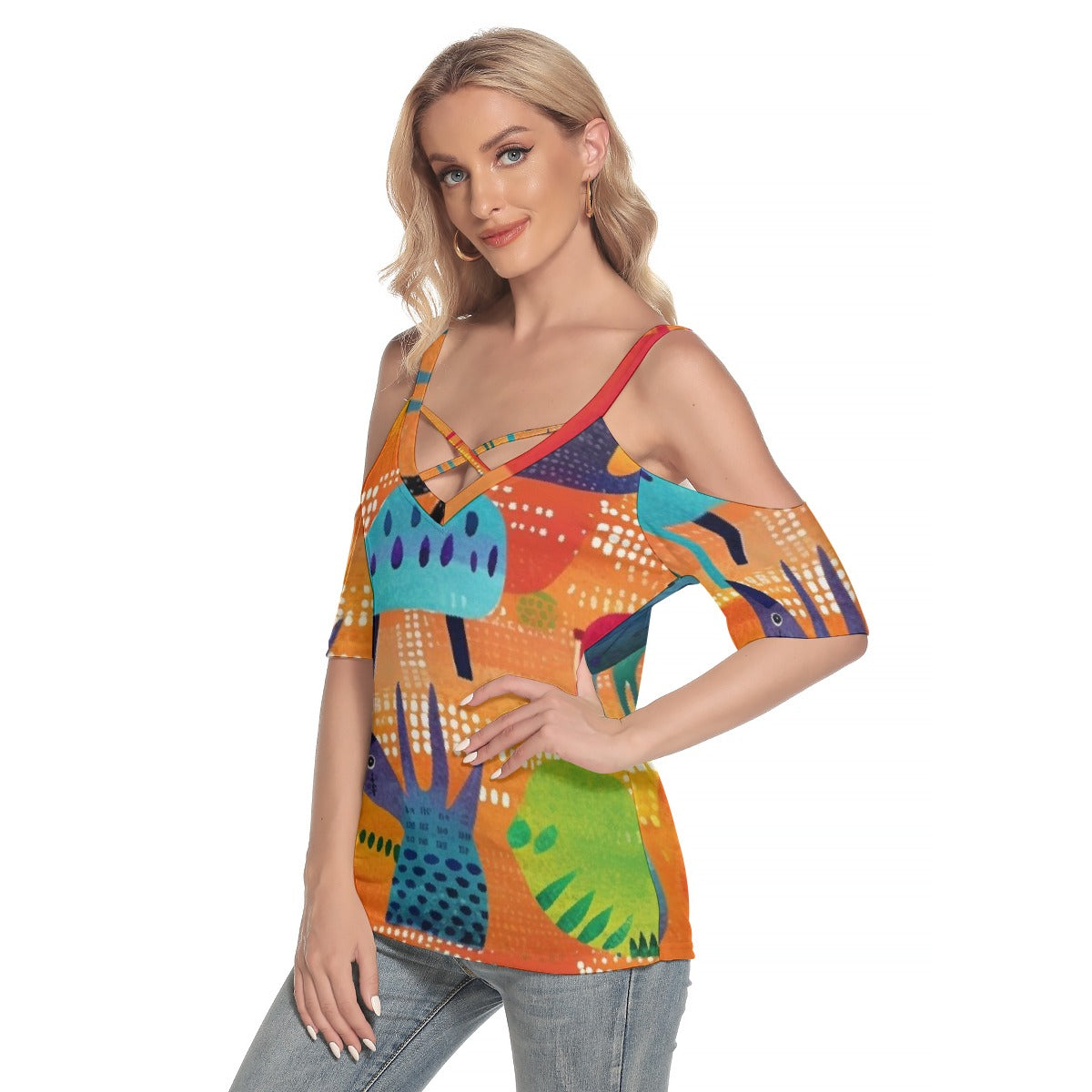 All-Over Print Women's Cold Shoulder T-shirt With Criss Cross Strips