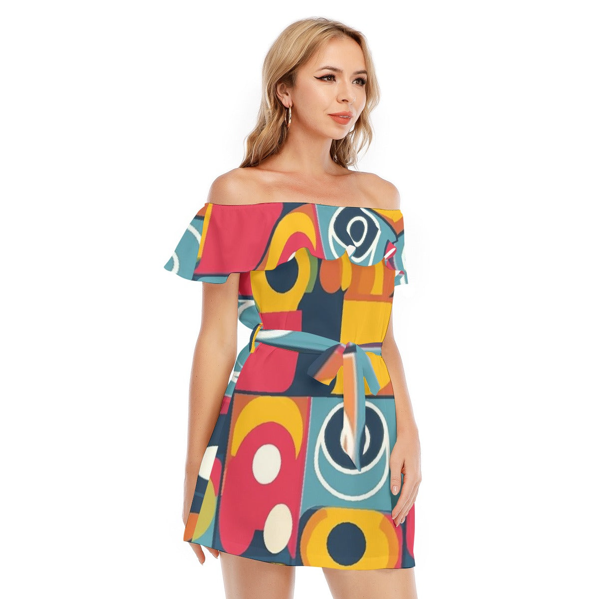 All-Over Print Women's Off-shoulder Dress With Ruffle