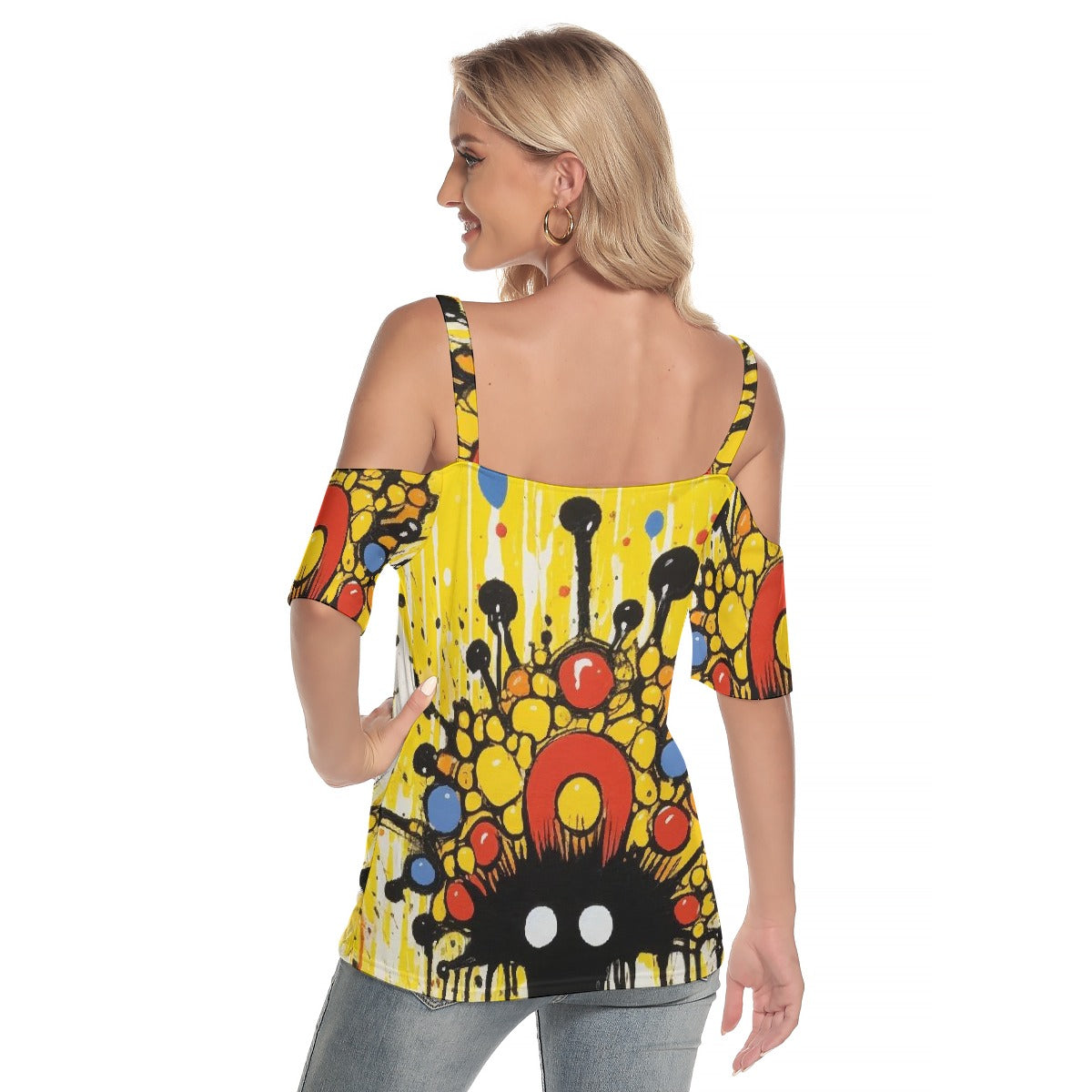 All-Over Print Women's Cold Shoulder T-shirt With Criss Cross Strips