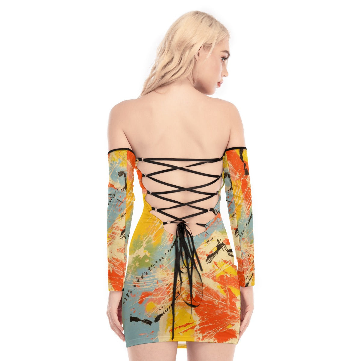 All-Over Print Women's Off-shoulder Back Lace-up Dress