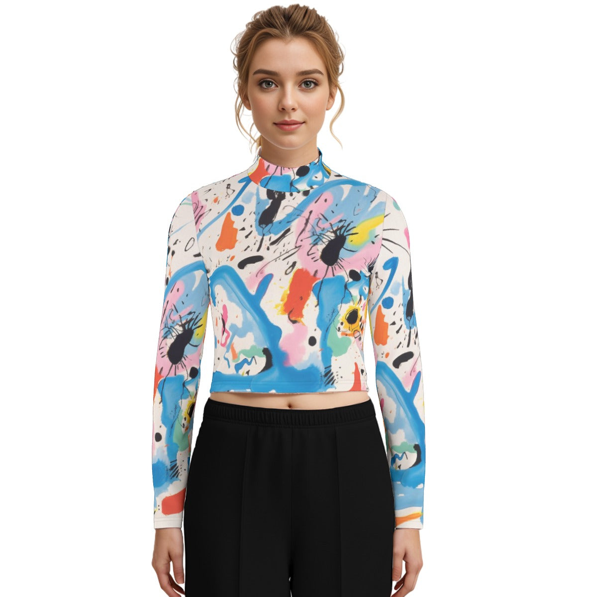 Eco-Friendly All-Over Print Women's Turtleneck T-shirt With Long Sleeve