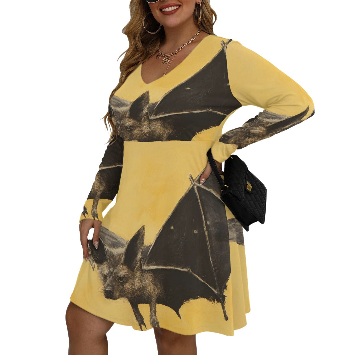 All-Over Print Women's V-neck Long Sleeve Dress(Plus Size)