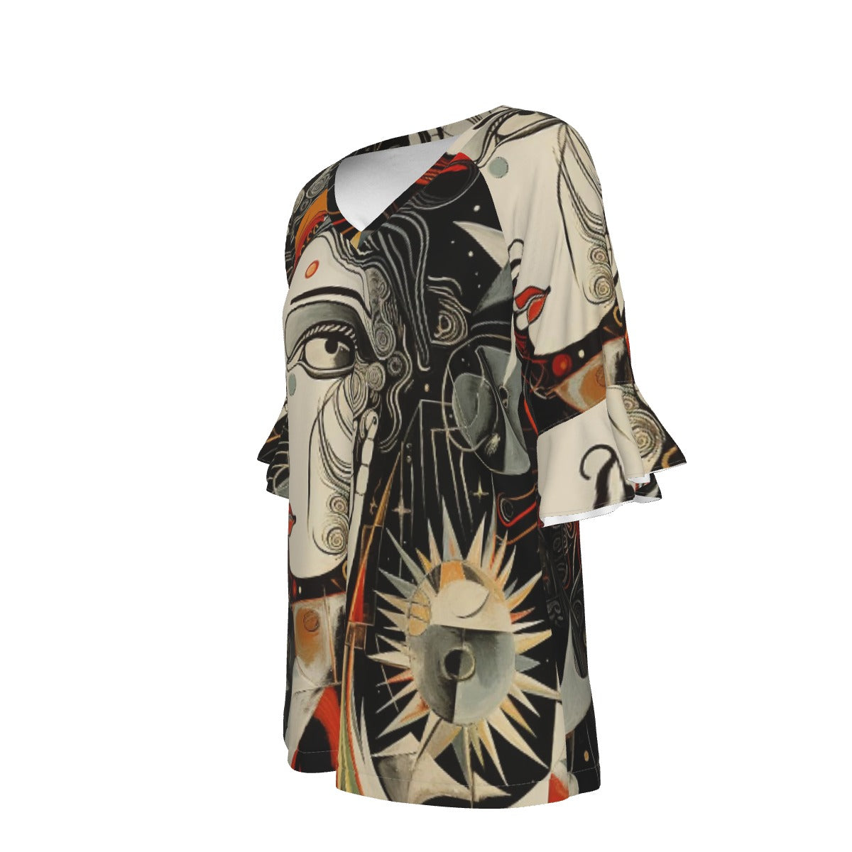 All-Over Print V-neck Women's T-shirt With Bell Sleeve