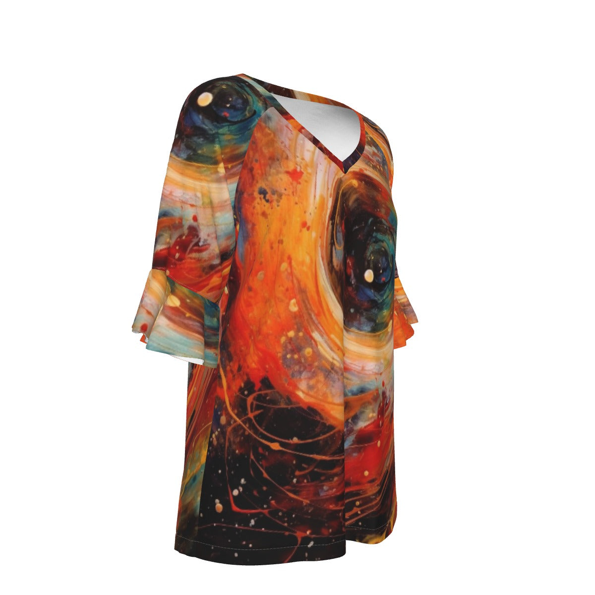 All-Over Print V-neck Women's T-shirt With Bell Sleeve