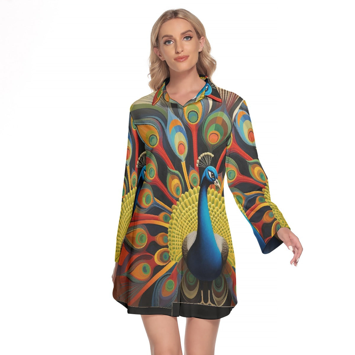 All-Over Print Women's Lapel Shirt Dress With Long Sleeve