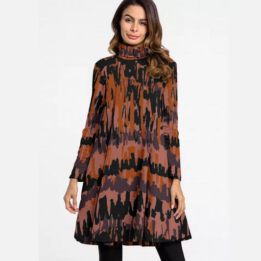 All-Over Print Women's High Neck Dress With Long Sleeve