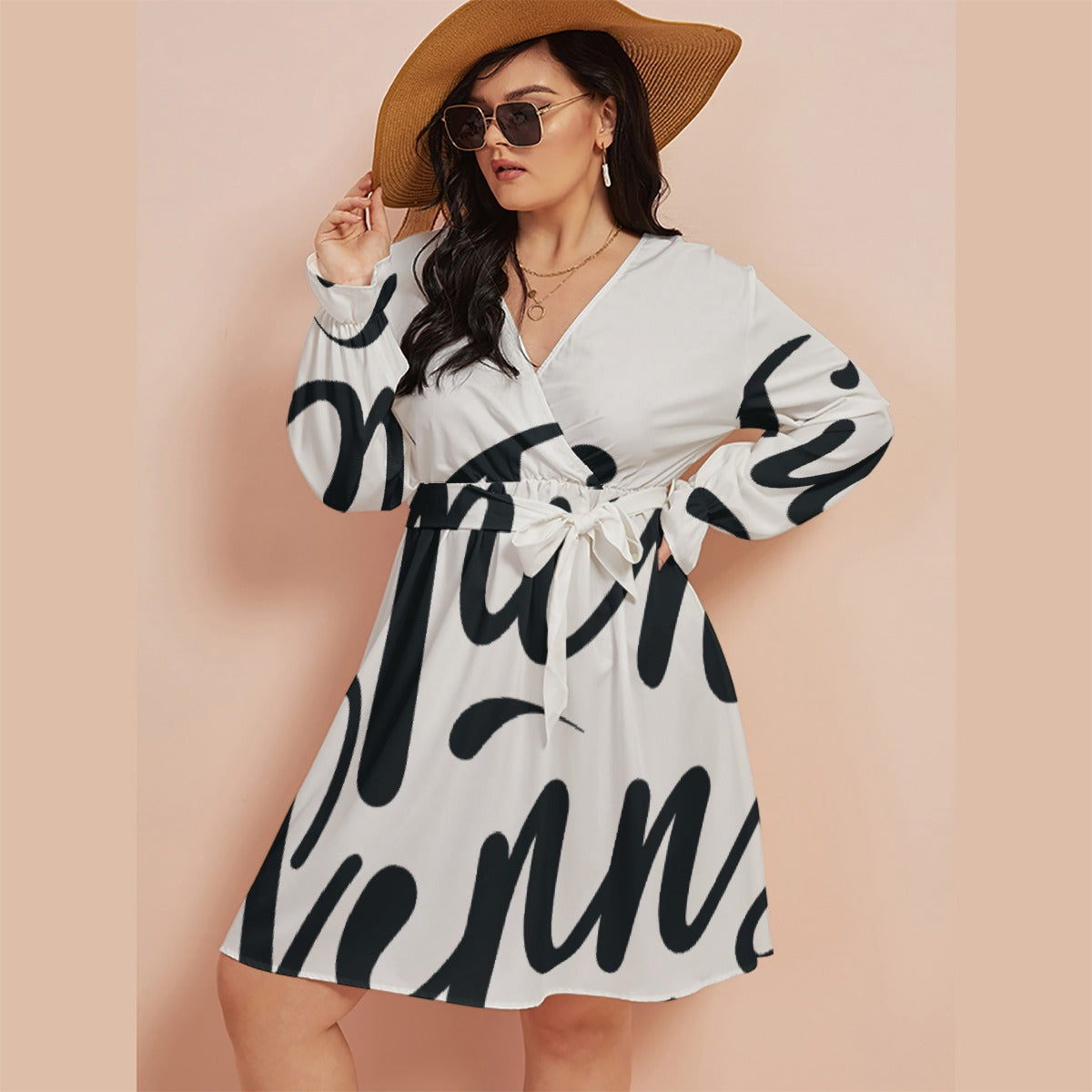 All-Over Print Women's V-neck Dress With Waistband(Plus Size)