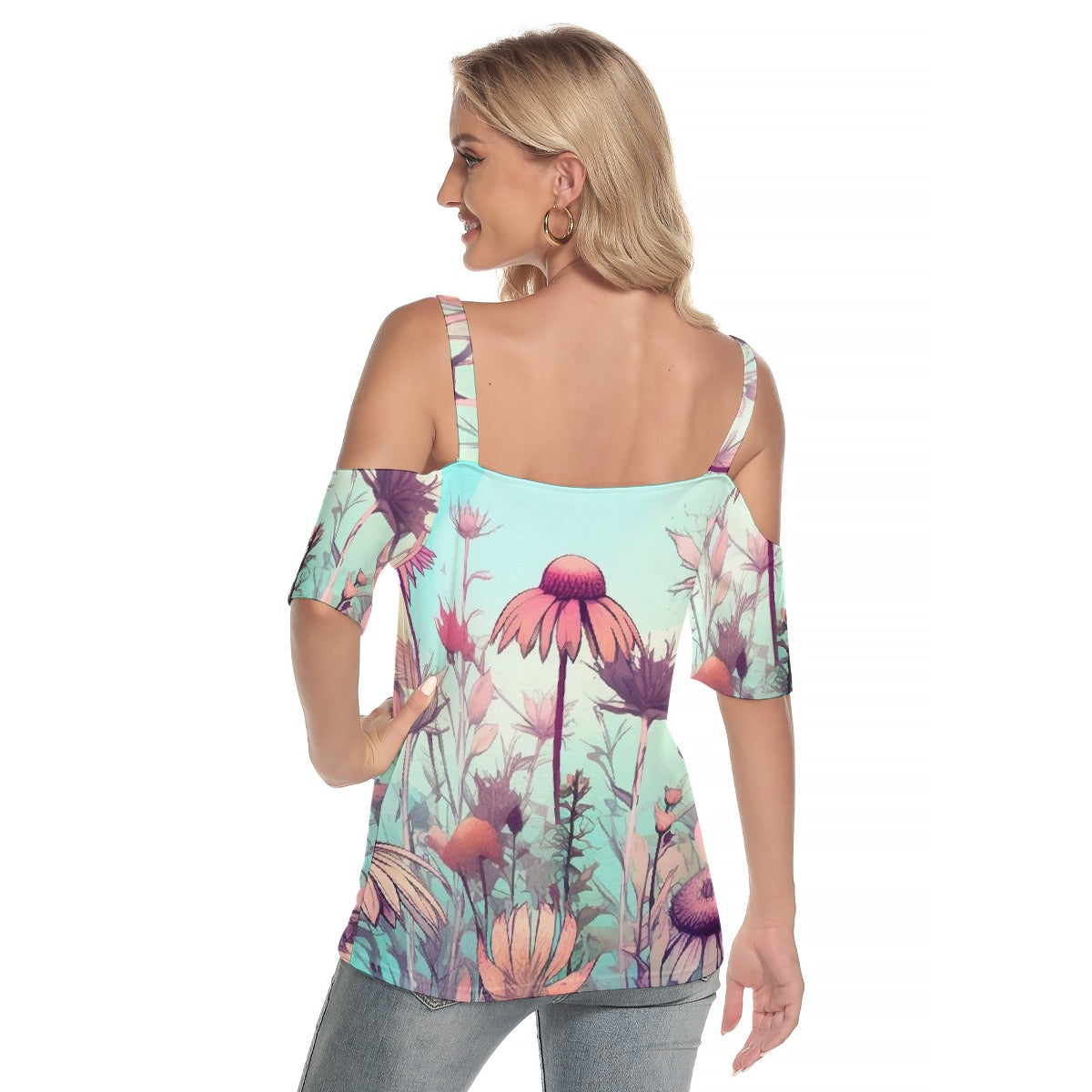 All-Over Print Women's Cold Shoulder T-shirt With Criss Cross Strips