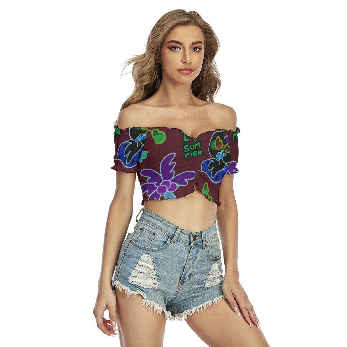 All-Over Print Women's One-shoulder Off-the-navel Short Sleeve T-shirt