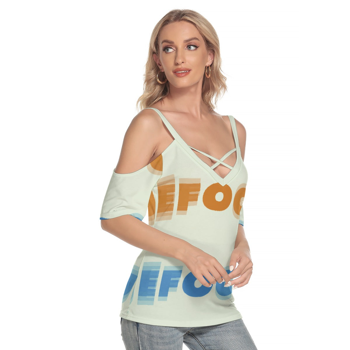 All-Over Print Women's Cold Shoulder T-shirt With Criss Cross Strips