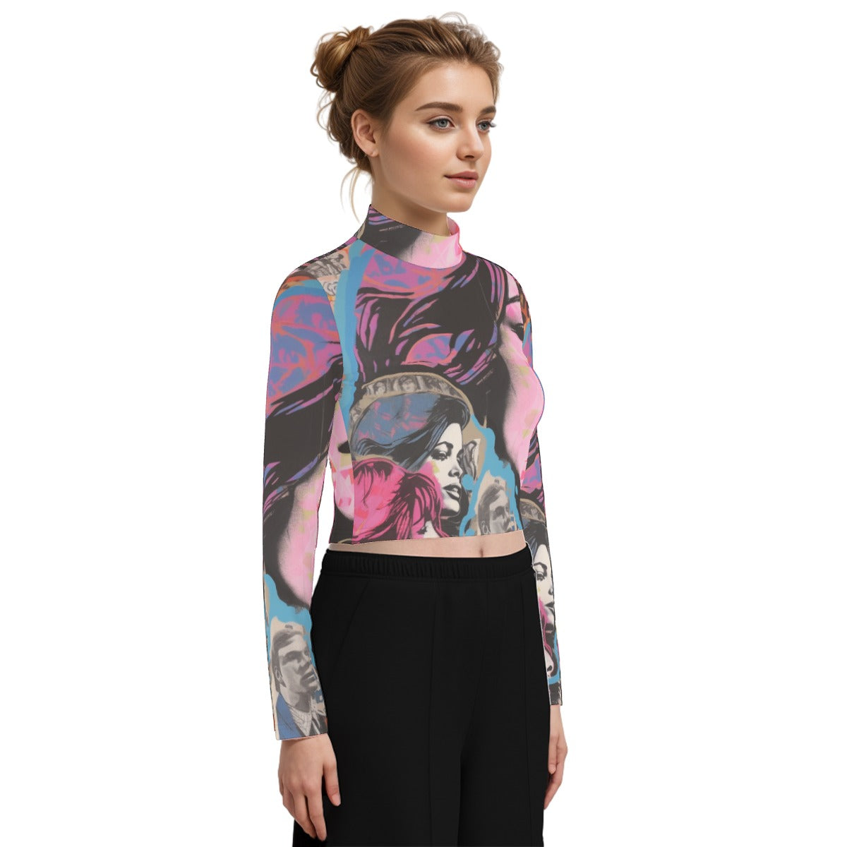 Eco-Friendly All-Over Print Women's Turtleneck T-shirt With Long Sleeve