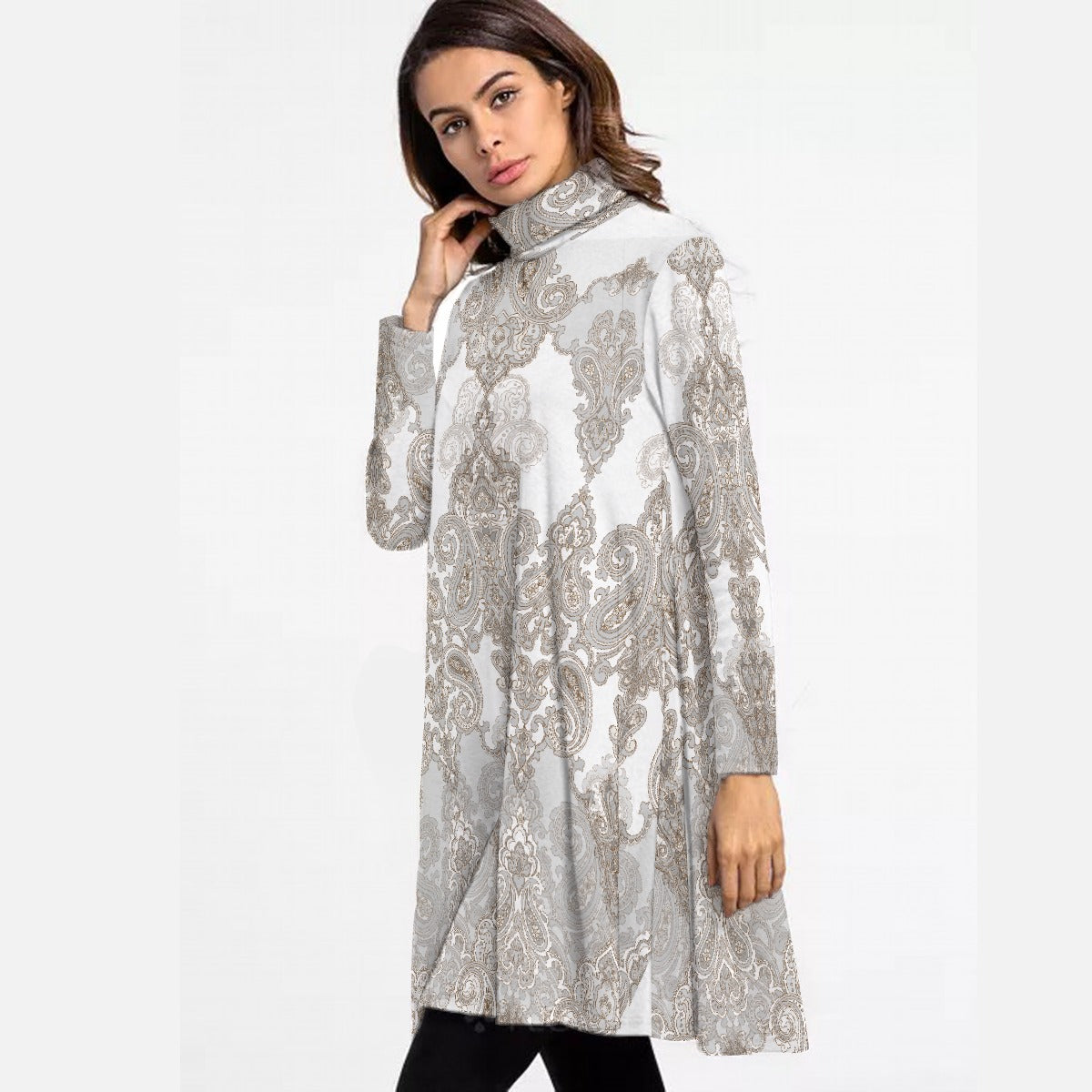 All-Over Print Women's High Neck Dress With Long Sleeve