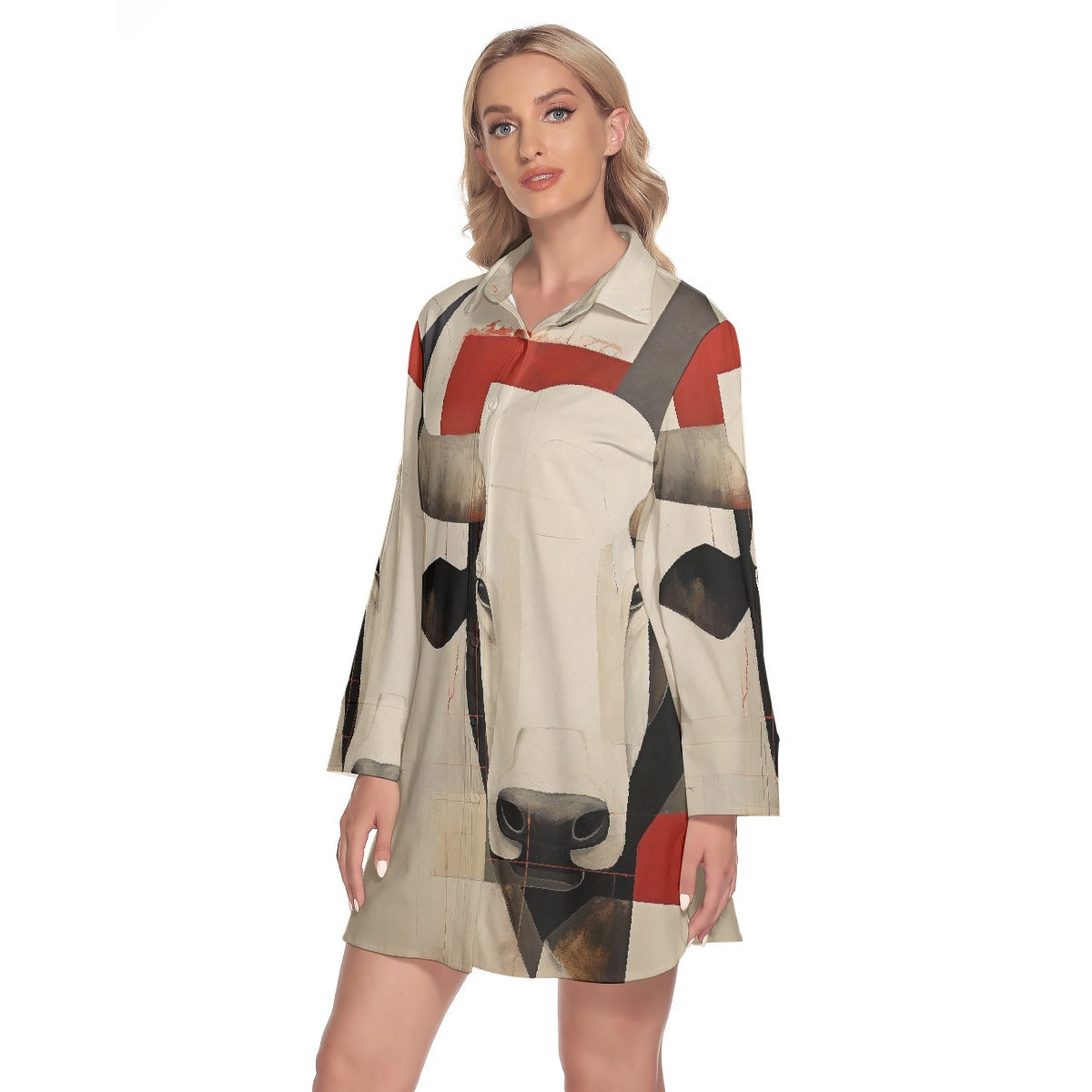 All-Over Print Women's Lapel Shirt Dress With Long Sleeve