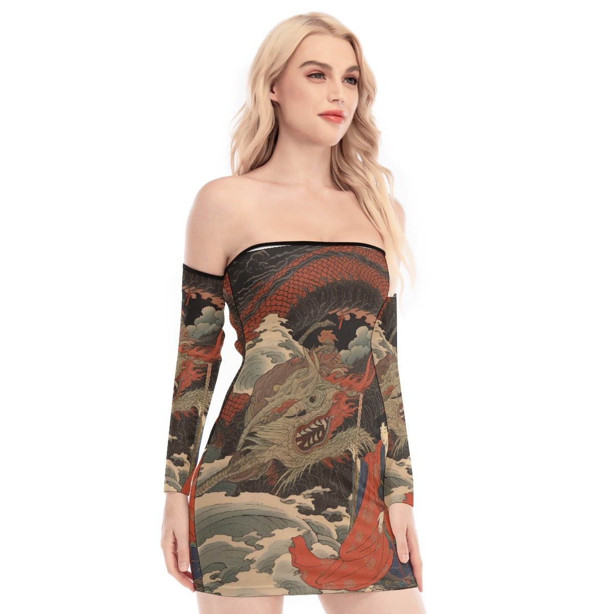 All-Over Print Women's Off-shoulder Back Lace-up Dress