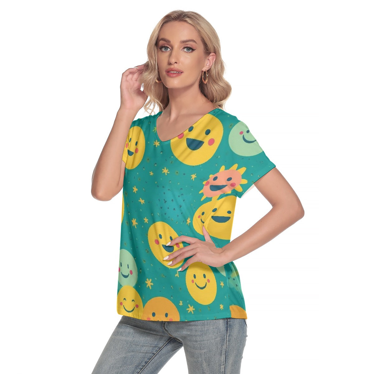 All-Over Print Women's Loose V-neck Short Sleeve T-shirt