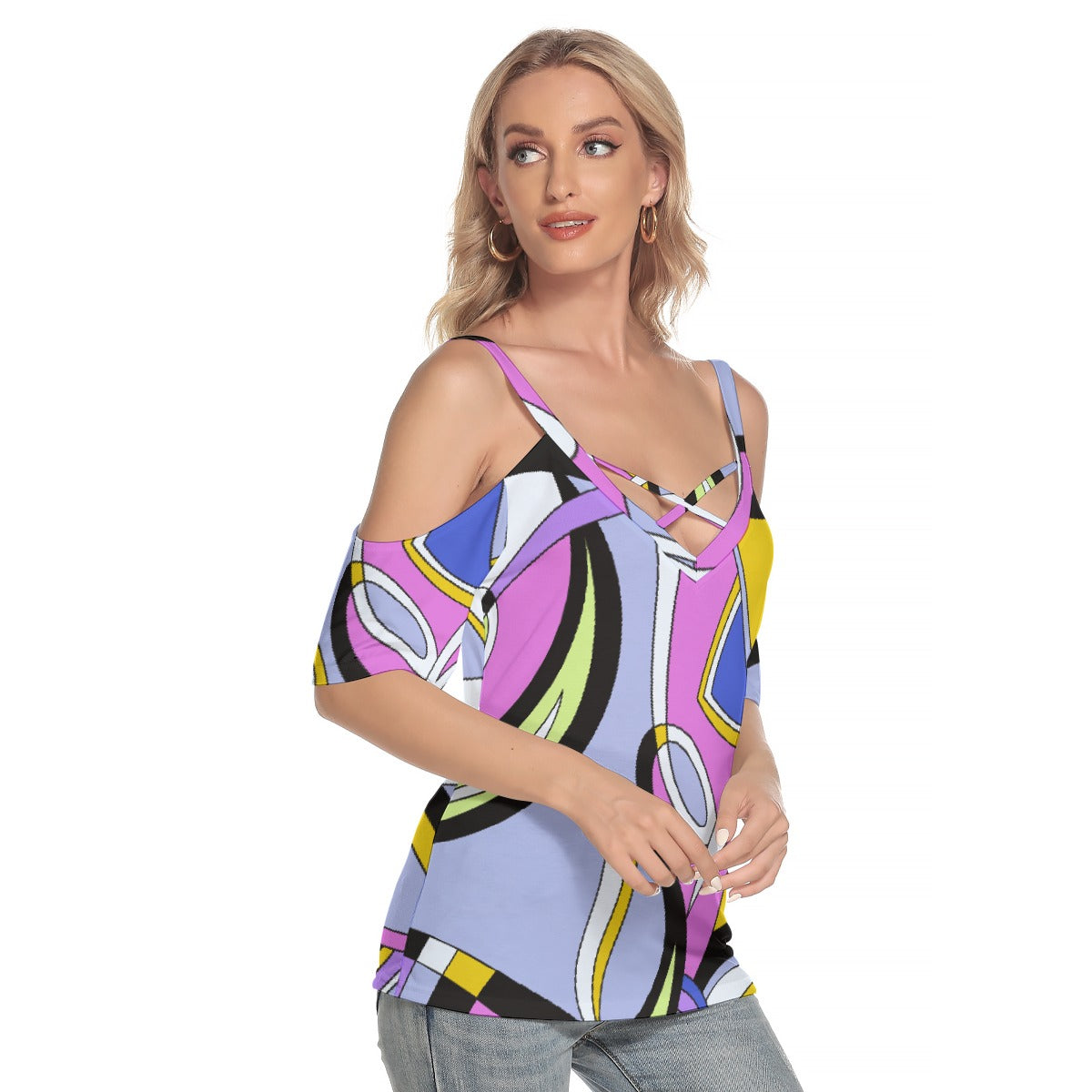 All-Over Print Women's Cold Shoulder T-shirt With Criss Cross Strips