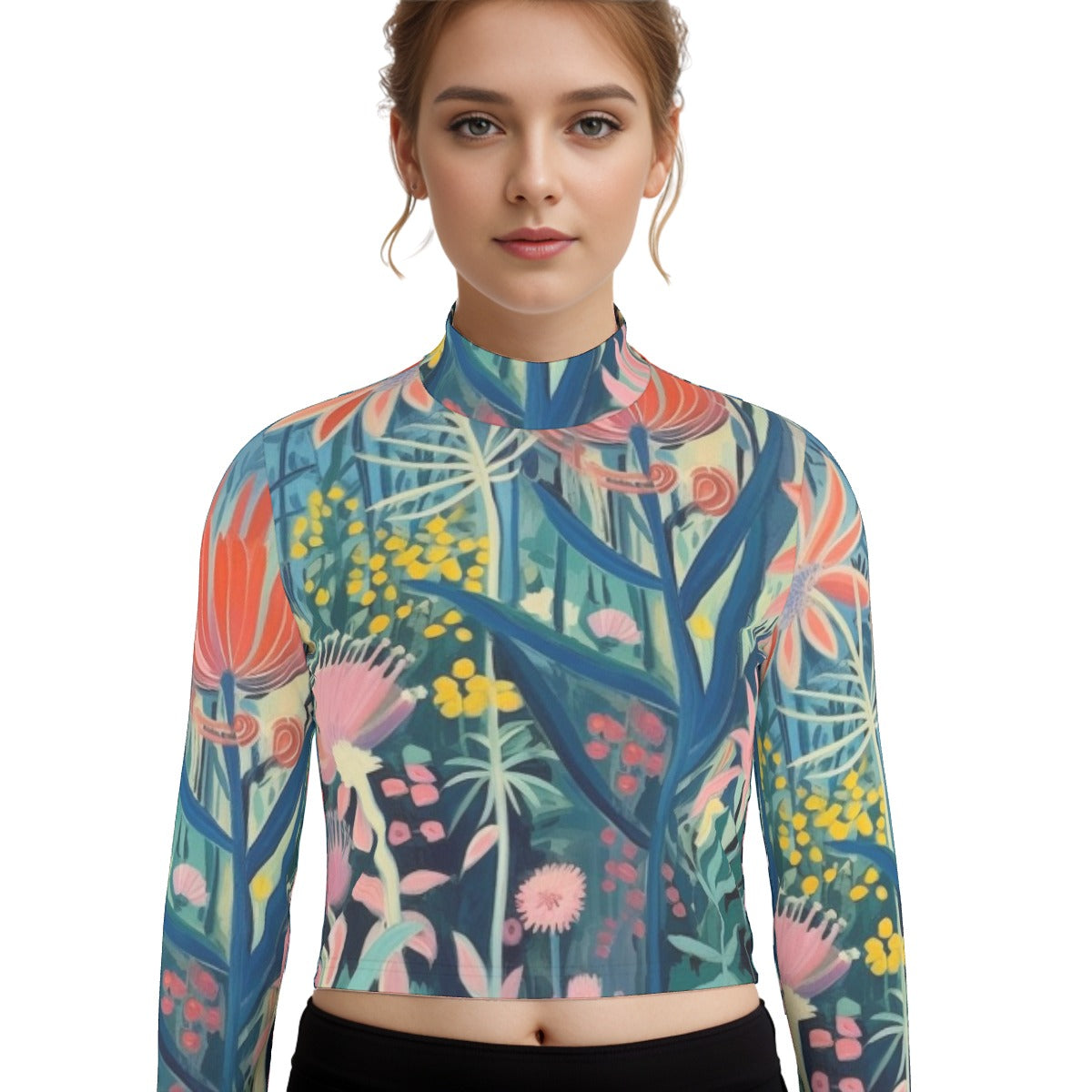 Eco-Friendly All-Over Print Women's Turtleneck T-shirt With Long Sleeve