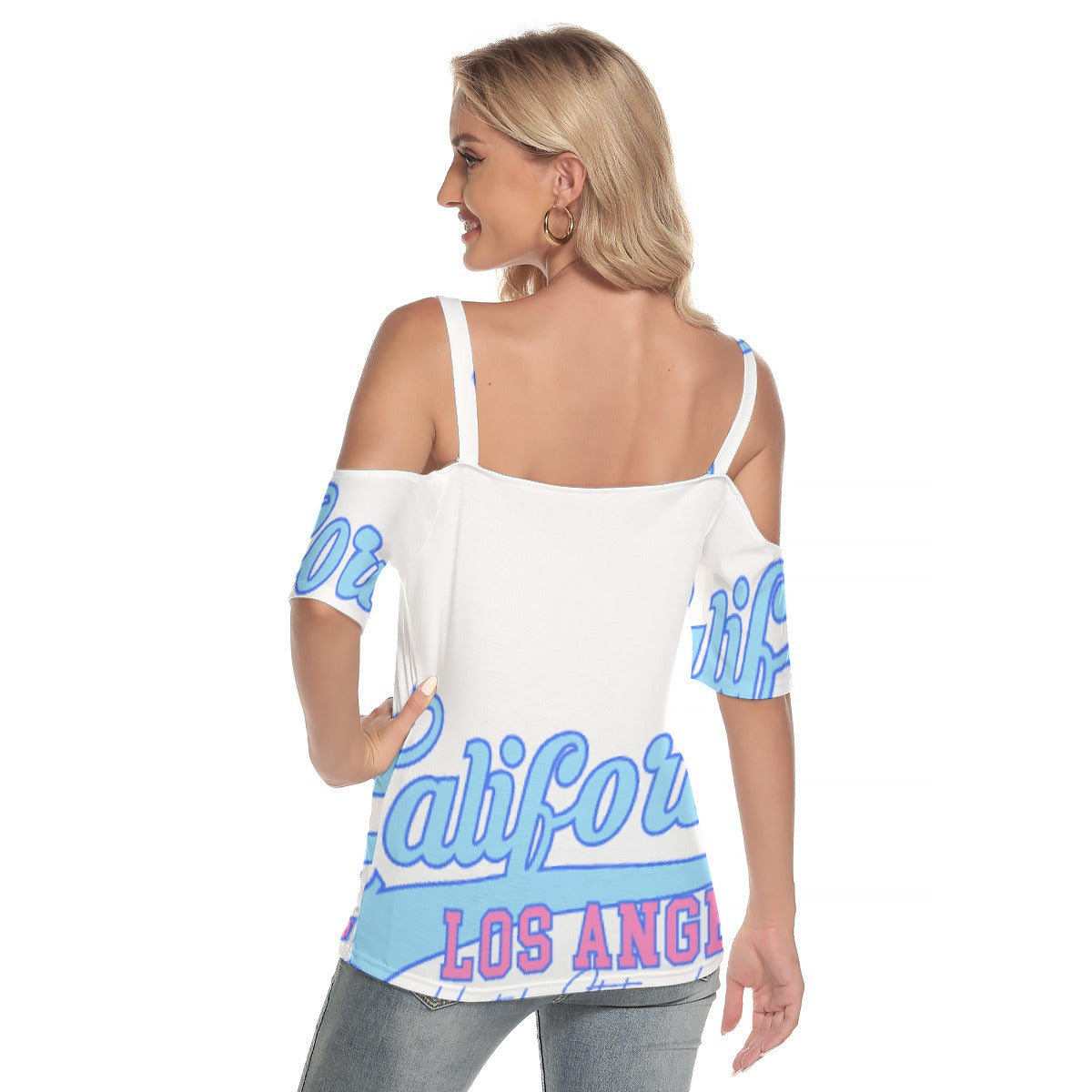 All-Over Print Women's Cold Shoulder T-shirt With Criss Cross Strips