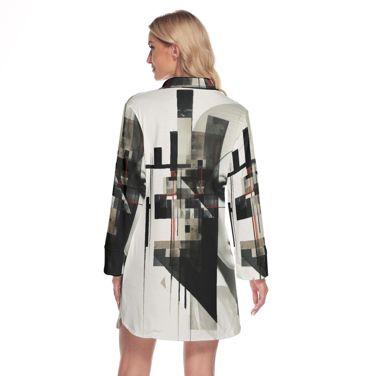 All-Over Print Women's Lapel Shirt Dress With Long Sleeve