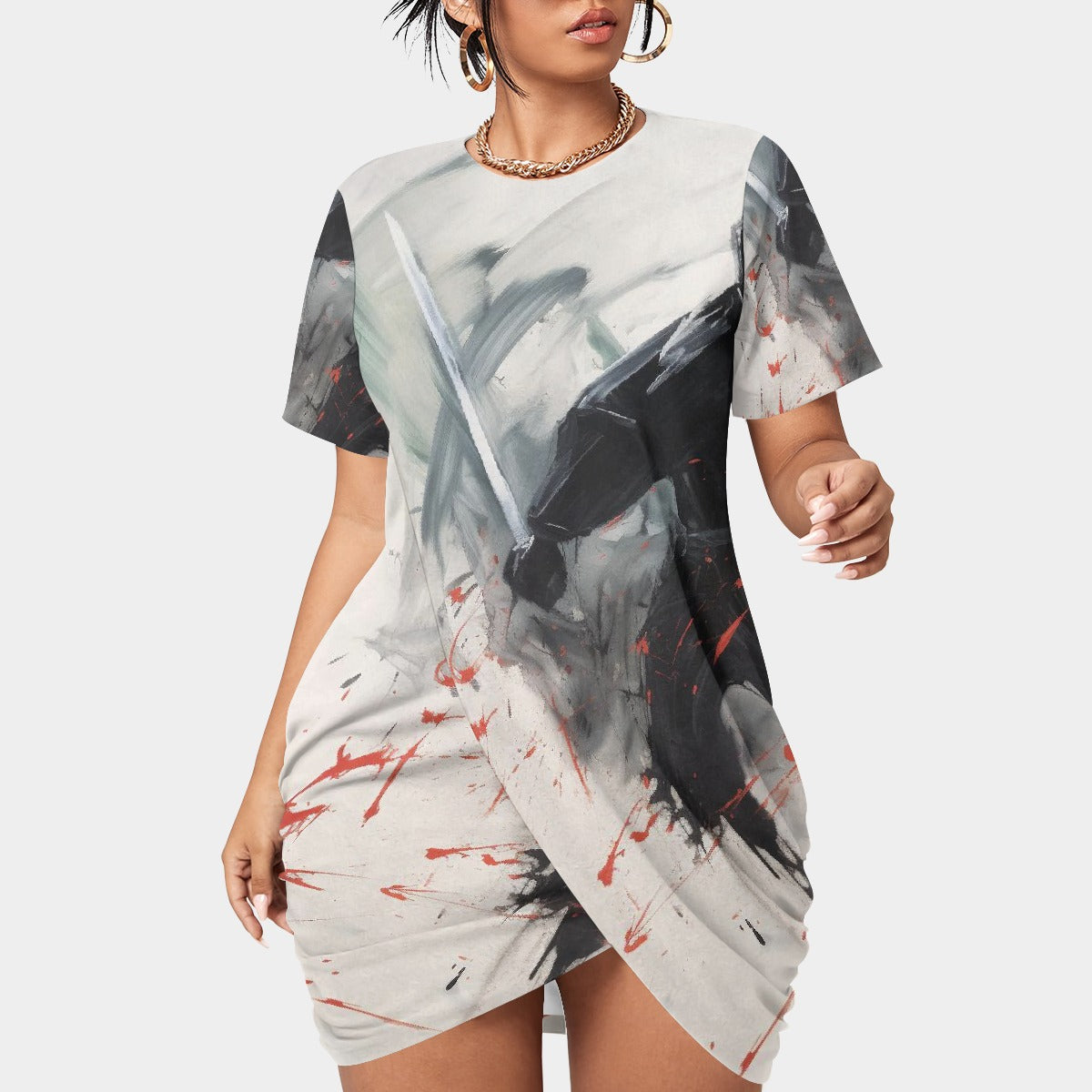 All-Over Print Women’s Stacked Hem Dress With Short Sleeve（Plus Size）