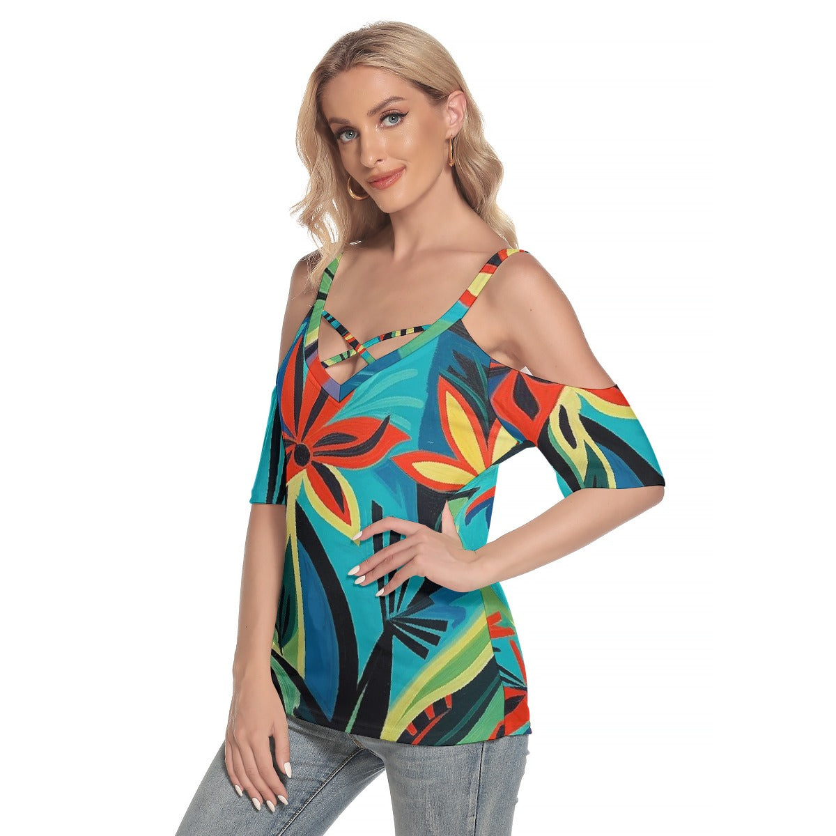 All-Over Print Women's Cold Shoulder T-shirt With Criss Cross Strips