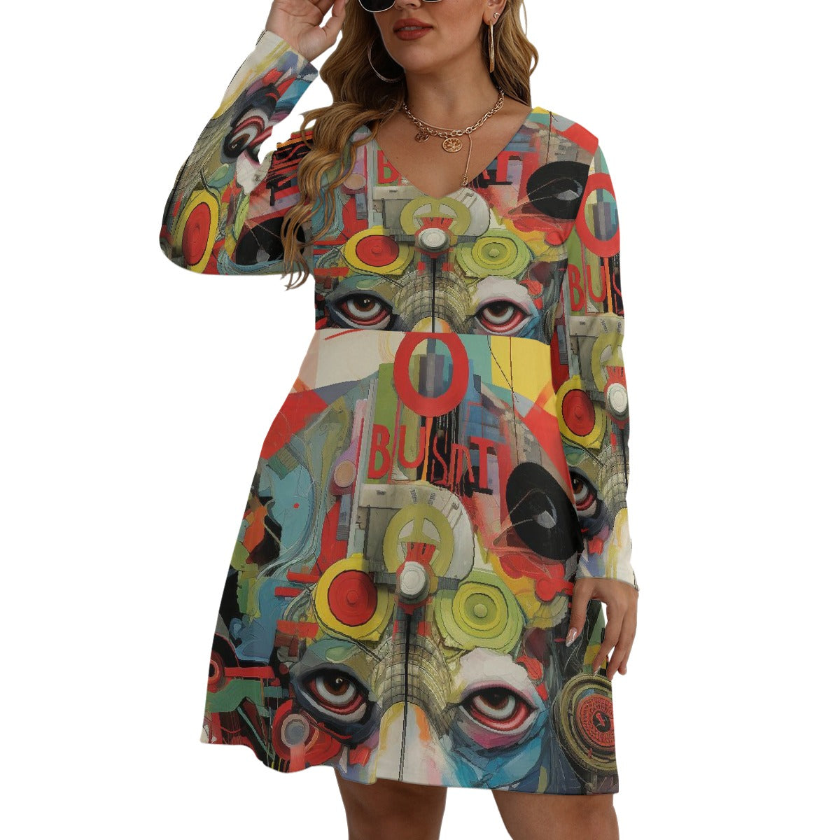 All-Over Print Women's V-neck Long Sleeve Dress(Plus Size)