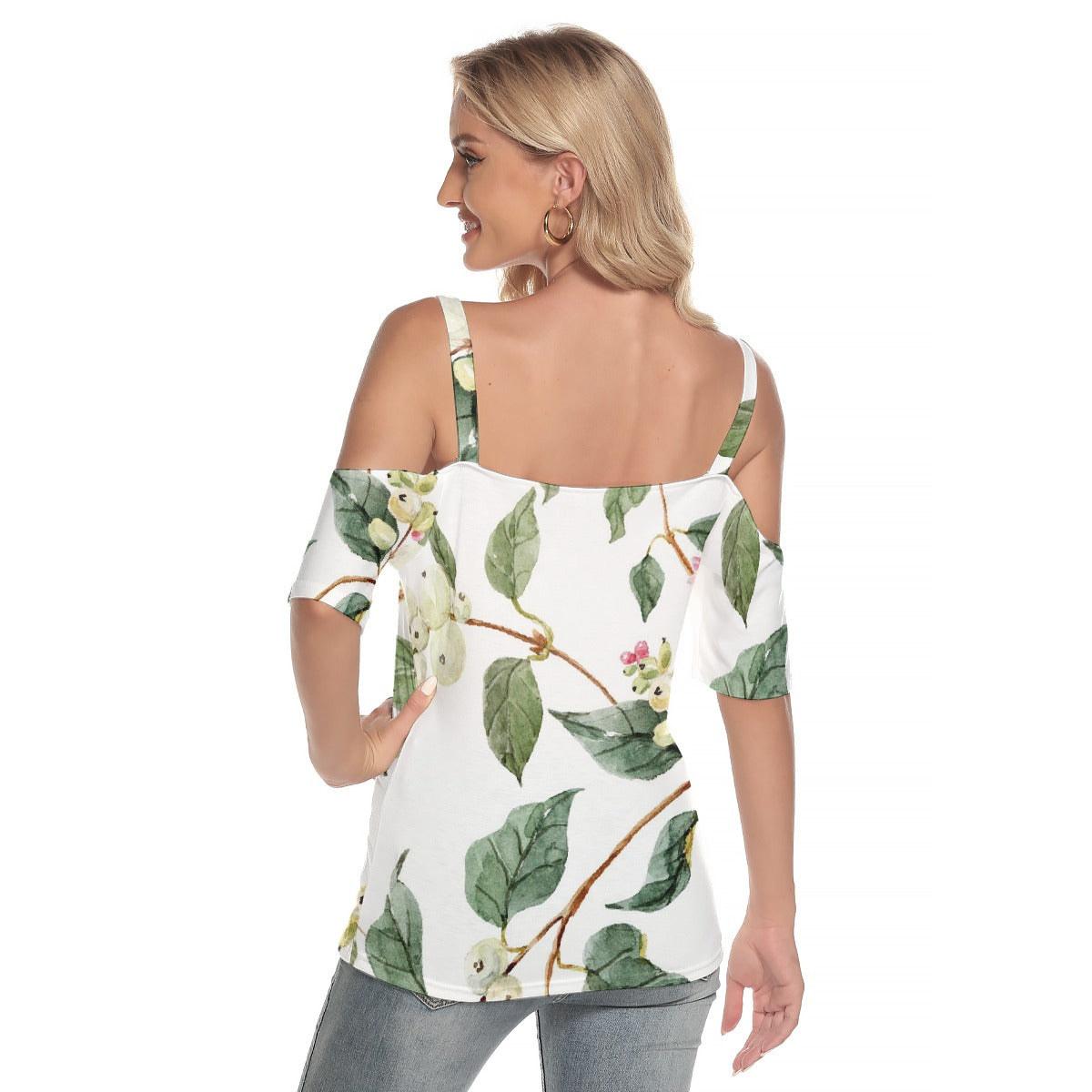 All-Over Print Women's Cold Shoulder T-shirt With Criss Cross Strips