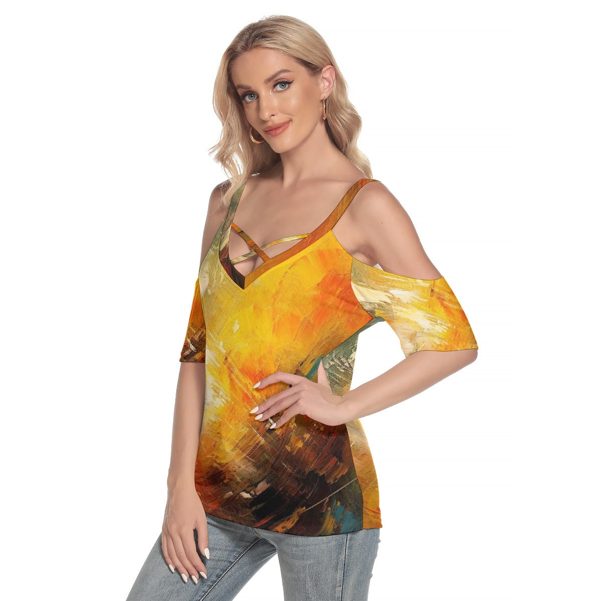 All-Over Print Women's Cold Shoulder T-shirt With Criss Cross Strips