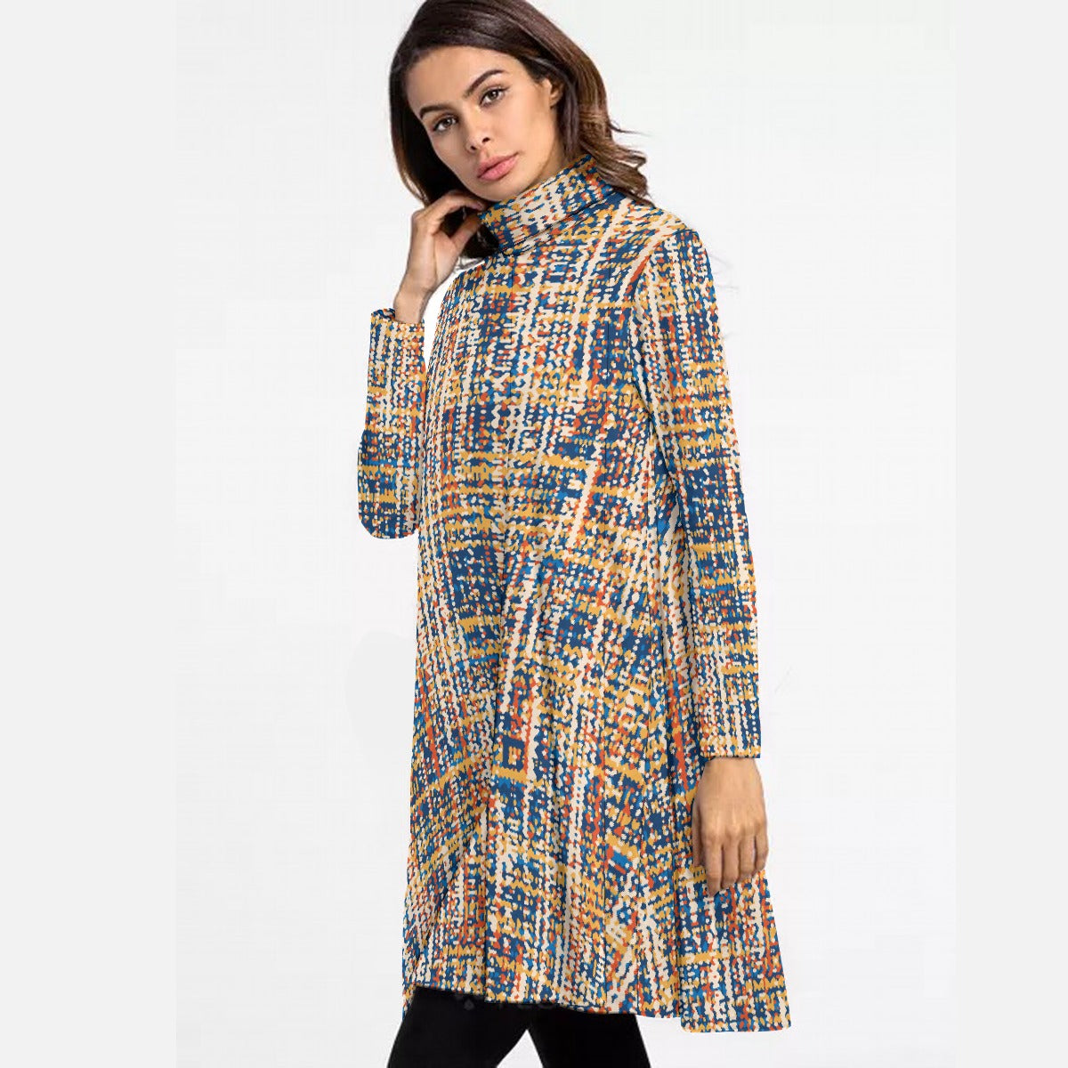 All-Over Print Women's High Neck Dress With Long Sleeve