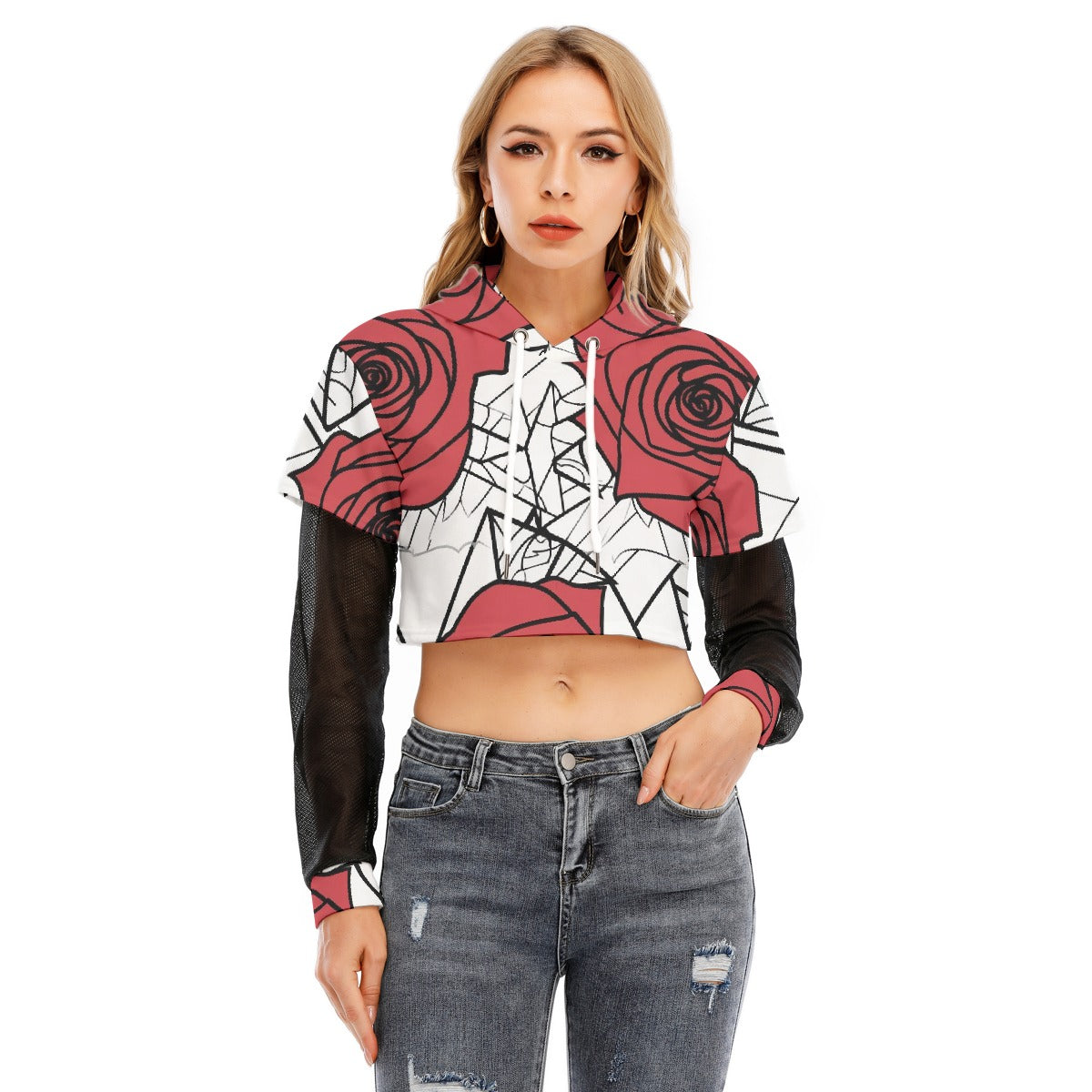 All-Over Print Women's Fake Two-piece Mesh Sleeve Cropped Hoodie