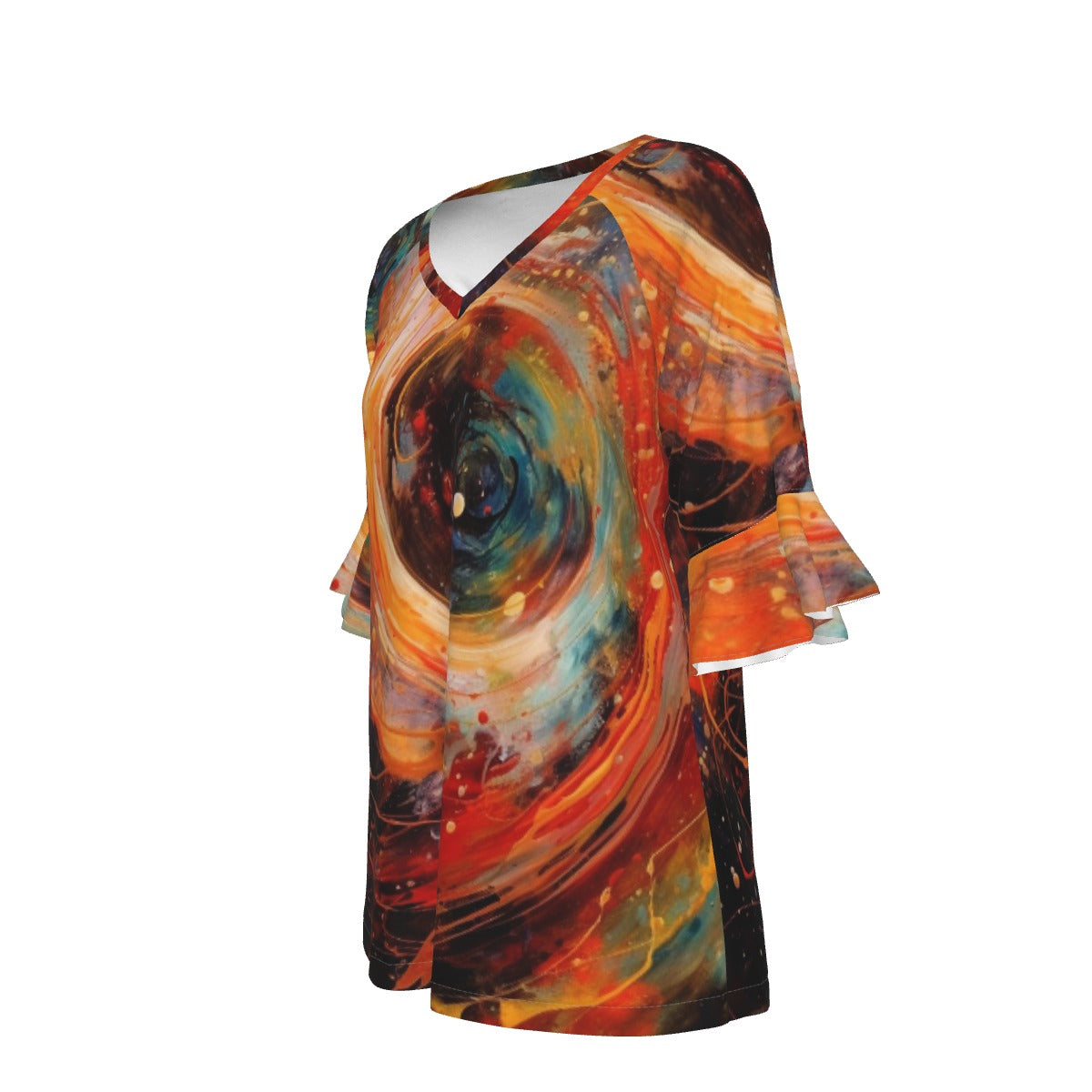 All-Over Print V-neck Women's T-shirt With Bell Sleeve