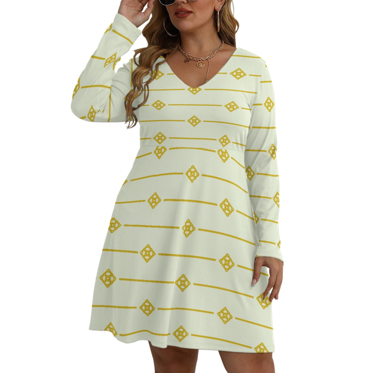 All-Over Print Women's V-neck Long Sleeve Dress(Plus Size)