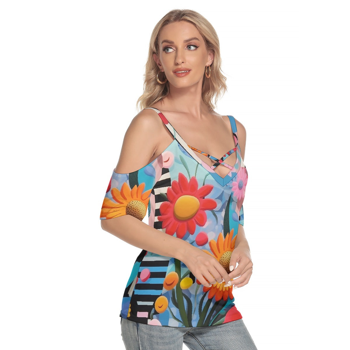 All-Over Print Women's Cold Shoulder T-shirt With Criss Cross Strips