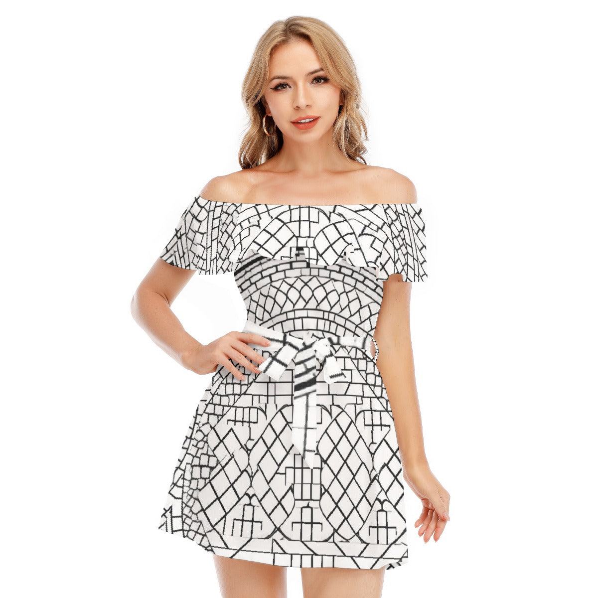 All-Over Print Women's Off-shoulder Dress With Ruffle