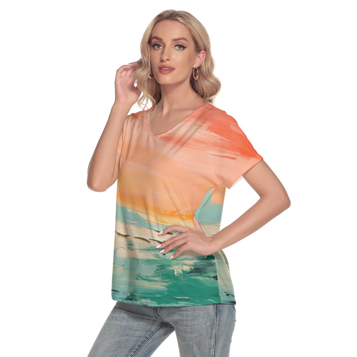 All-Over Print Women's Loose V-neck Short Sleeve T-shirt