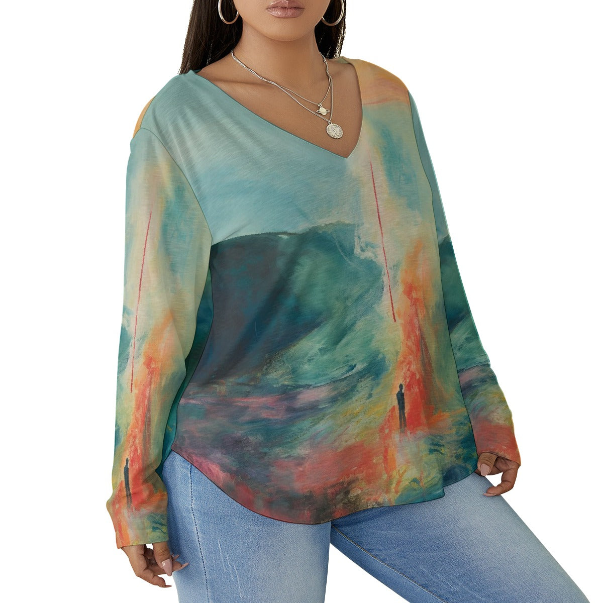 All-Over Print Women's V-neck T-shirt With Curved Hem(Plus Size)