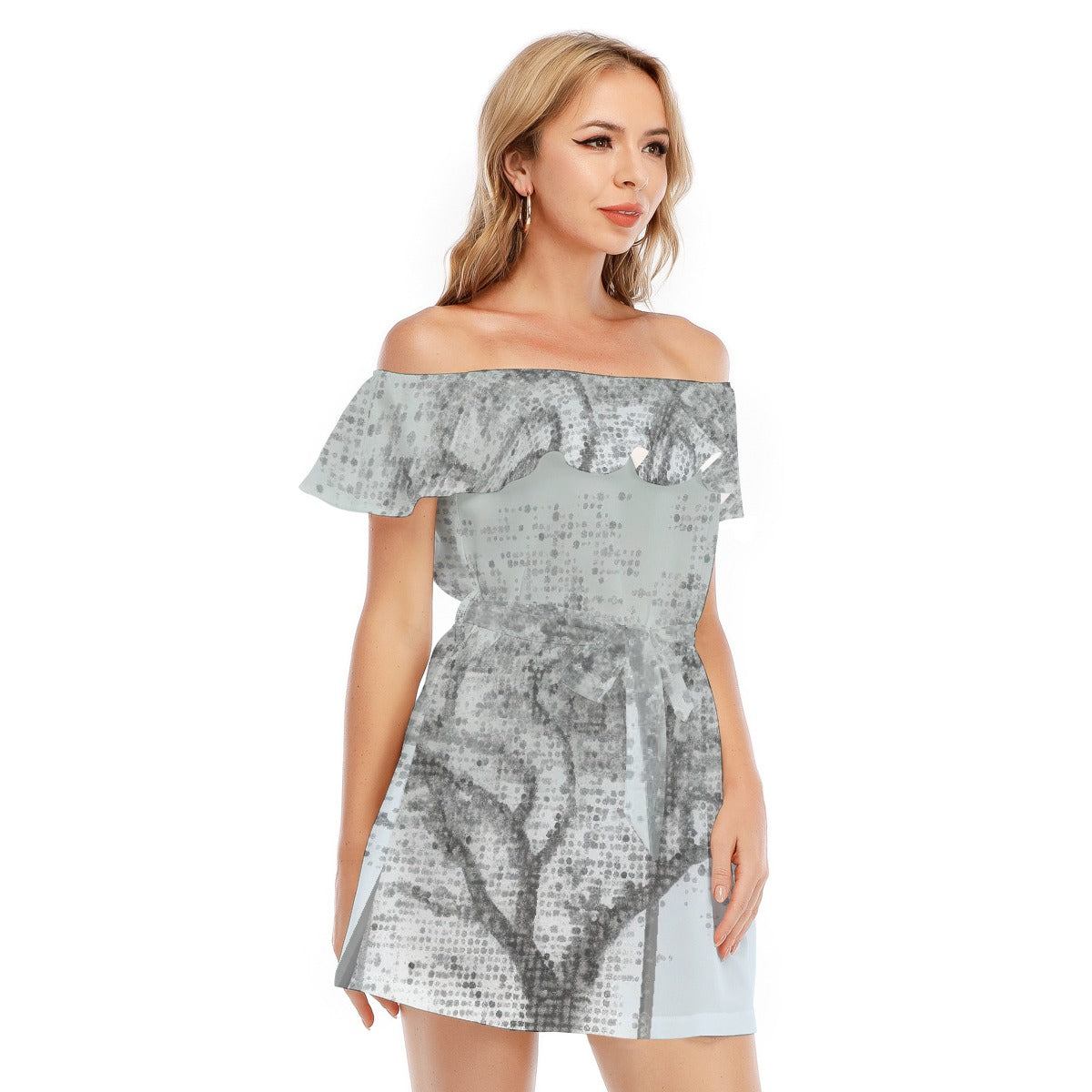 All-Over Print Women's Off-shoulder Dress With Ruffle