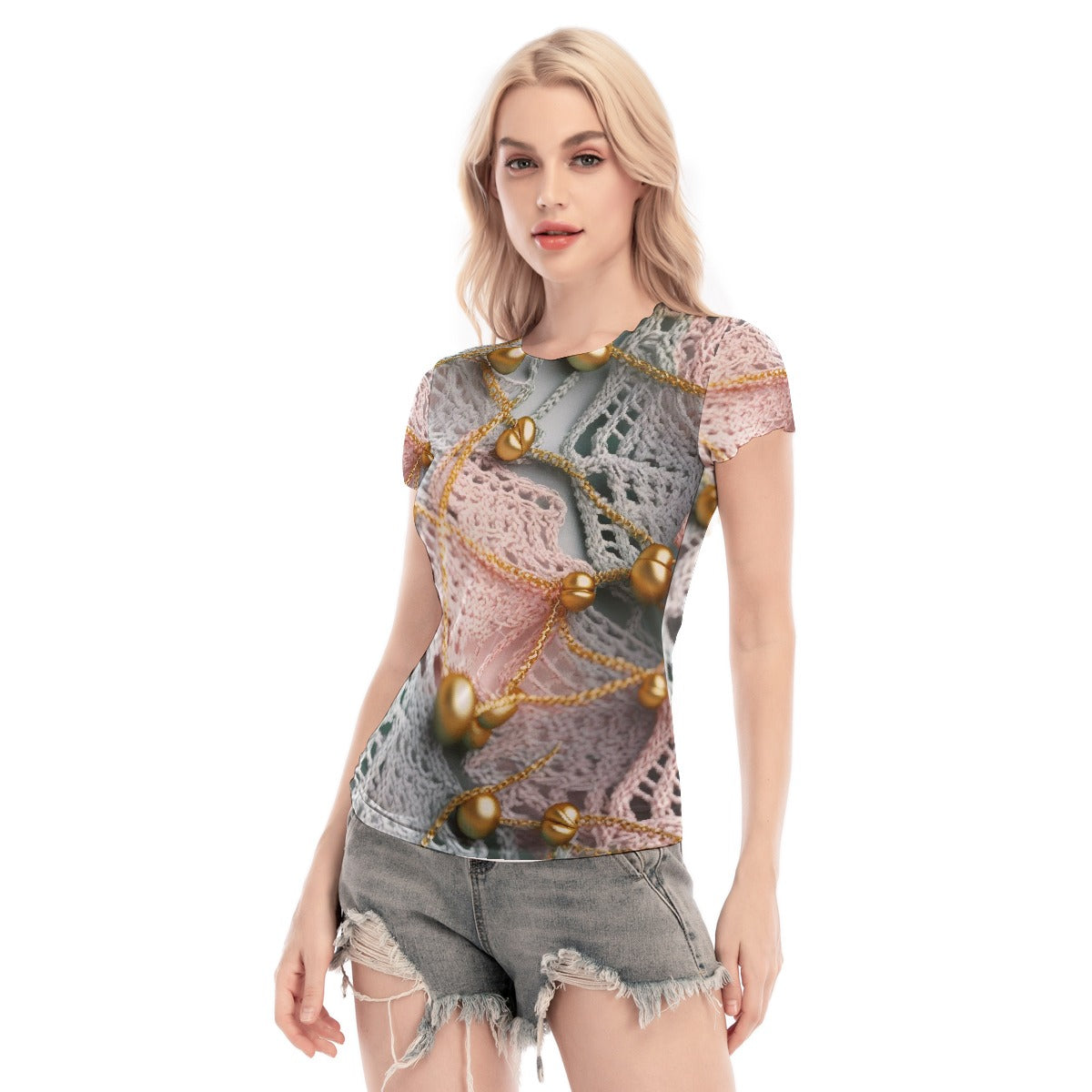 All-Over Print Women's Short Sleeve Mesh Blouse