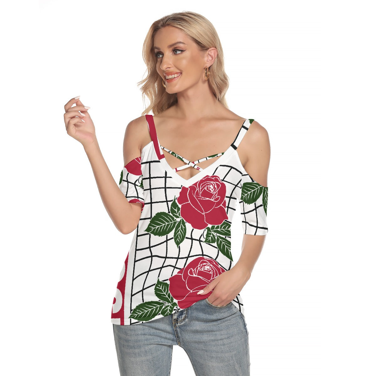 All-Over Print Women's Cold Shoulder T-shirt With Criss Cross Strips