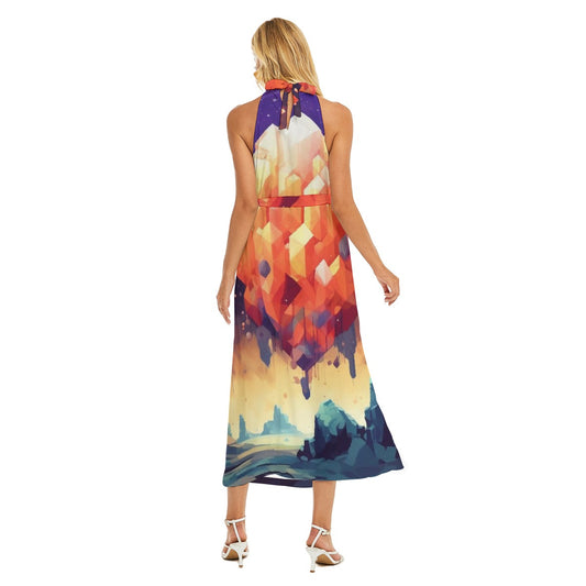 All-Over Print Women's Wrap Hem Belted Halter Dress