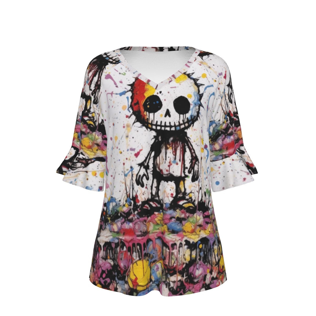 All-Over Print V-neck Women's T-shirt With Bell Sleeve