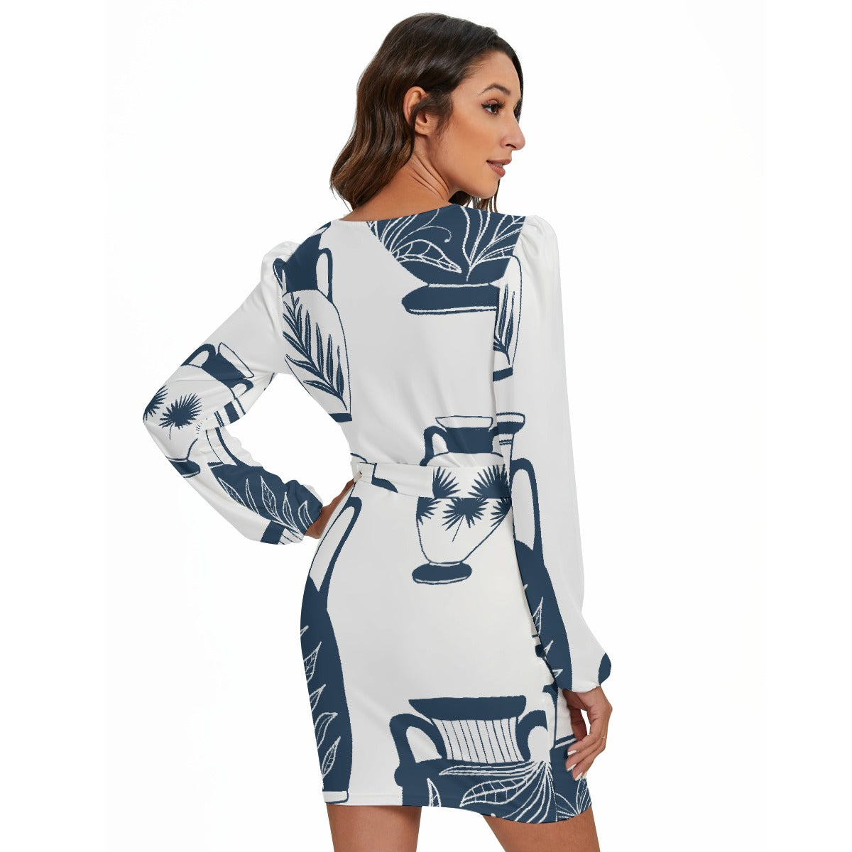 All-Over Print Women's Long Sleeve Dress With Waist Belt