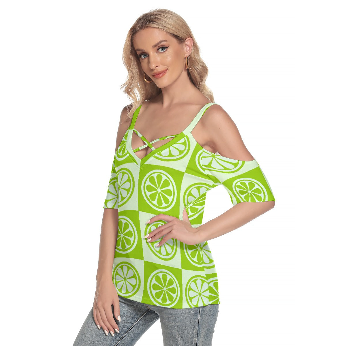 All-Over Print Women's Cold Shoulder T-shirt With Criss Cross Strips