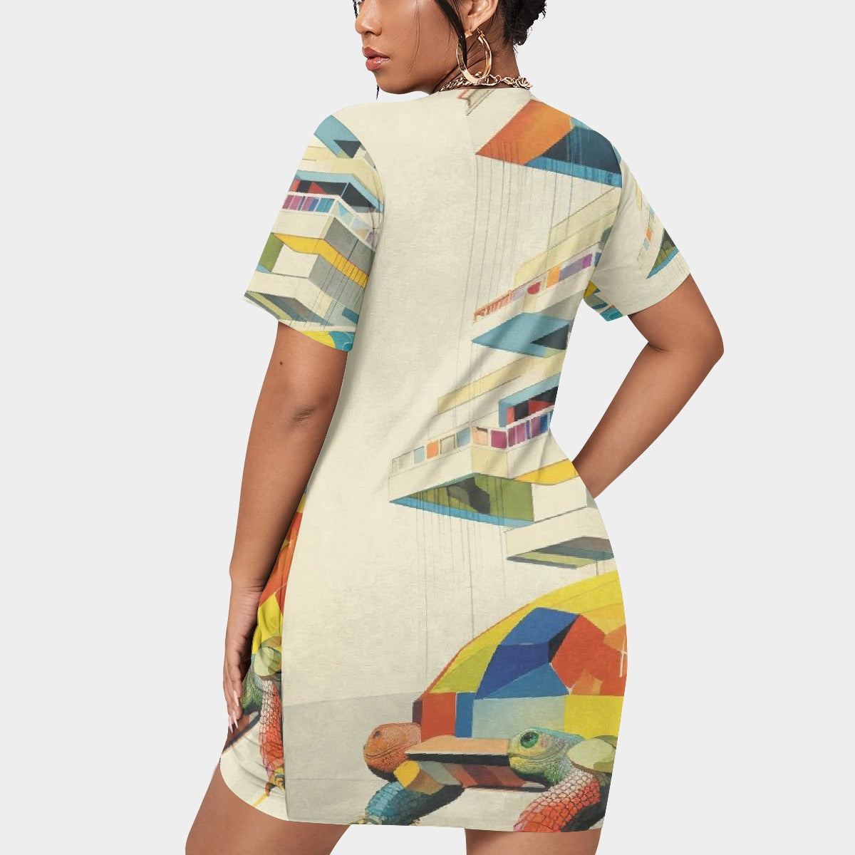 All-Over Print Women’s Stacked Hem Dress With Short Sleeve（Plus Size）