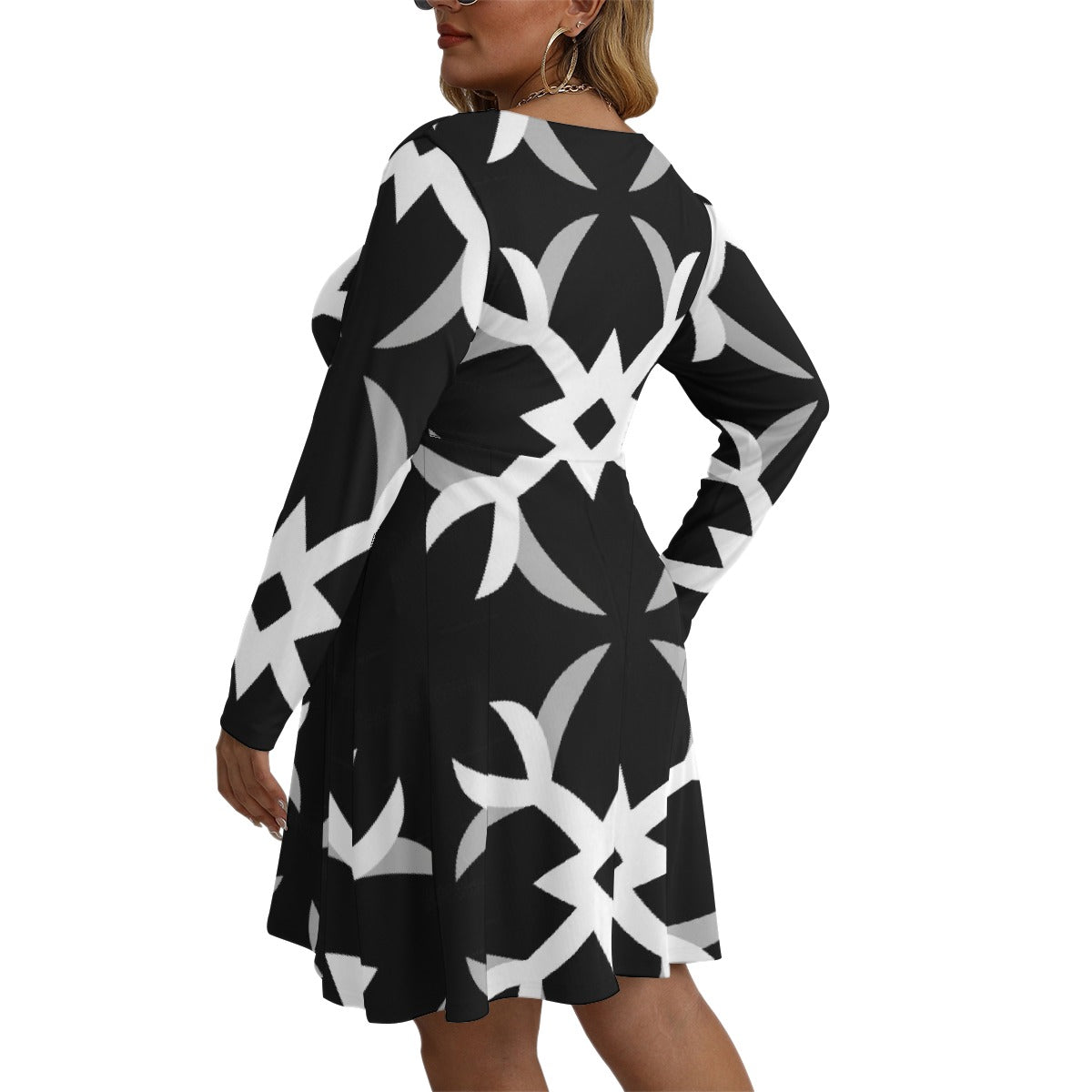 All-Over Print Women's V-neck Long Sleeve Dress(Plus Size)