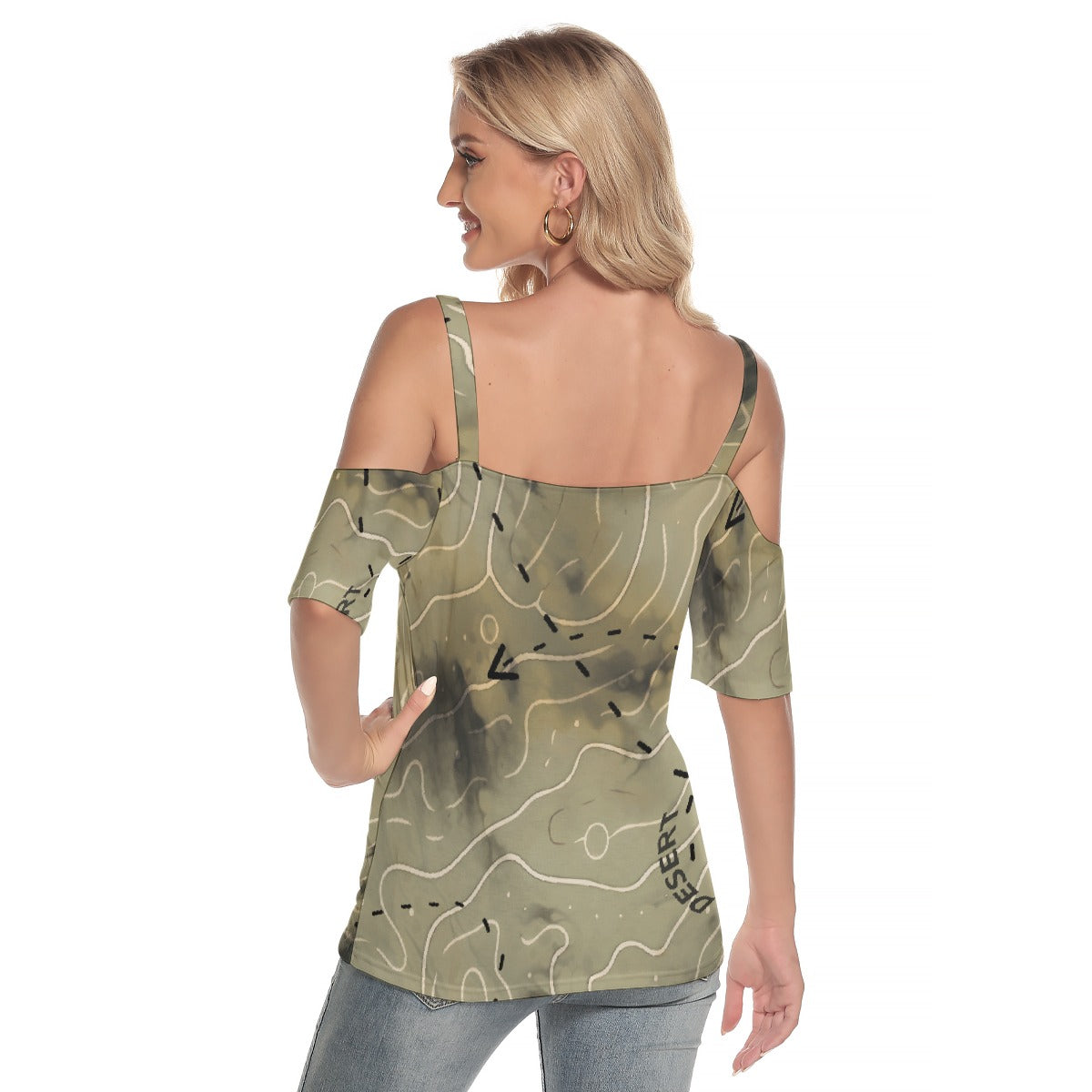 All-Over Print Women's Cold Shoulder T-shirt With Criss Cross Strips