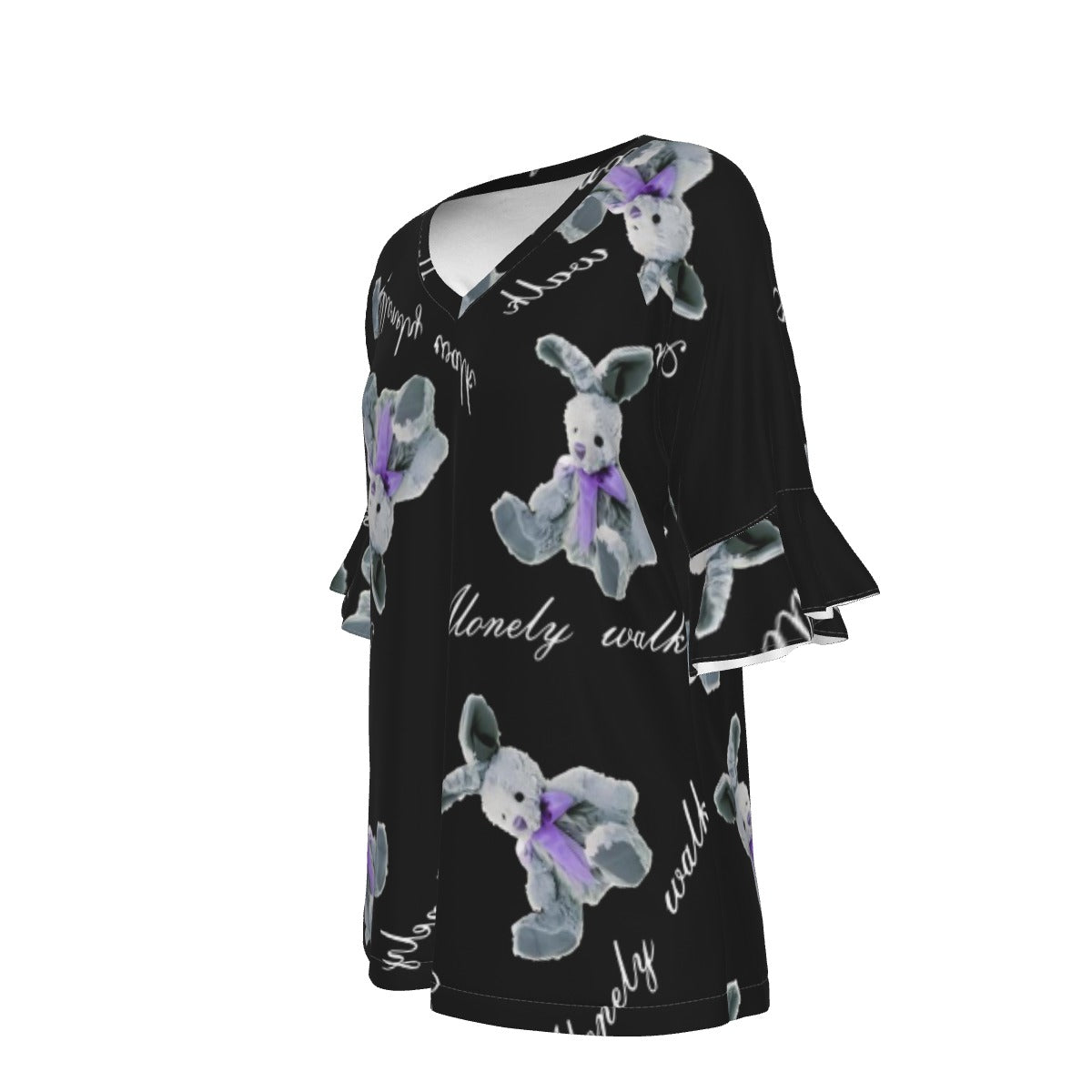 All-Over Print V-neck Women's T-shirt With Bell Sleeve