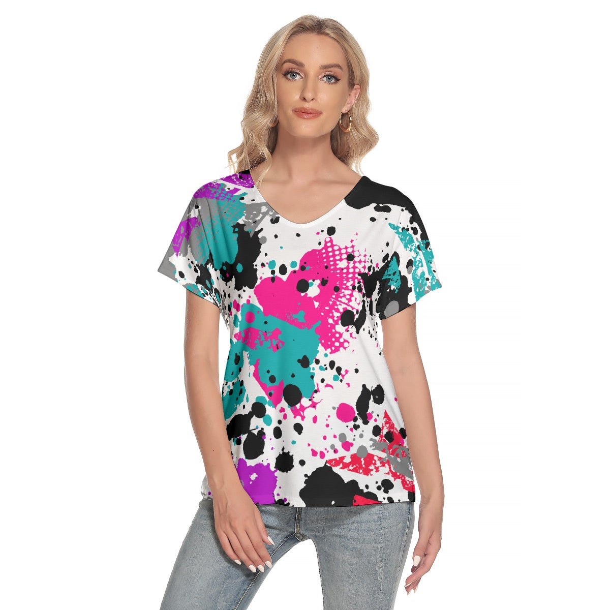 All-Over Print Women's Loose V-neck Short Sleeve T-shirt