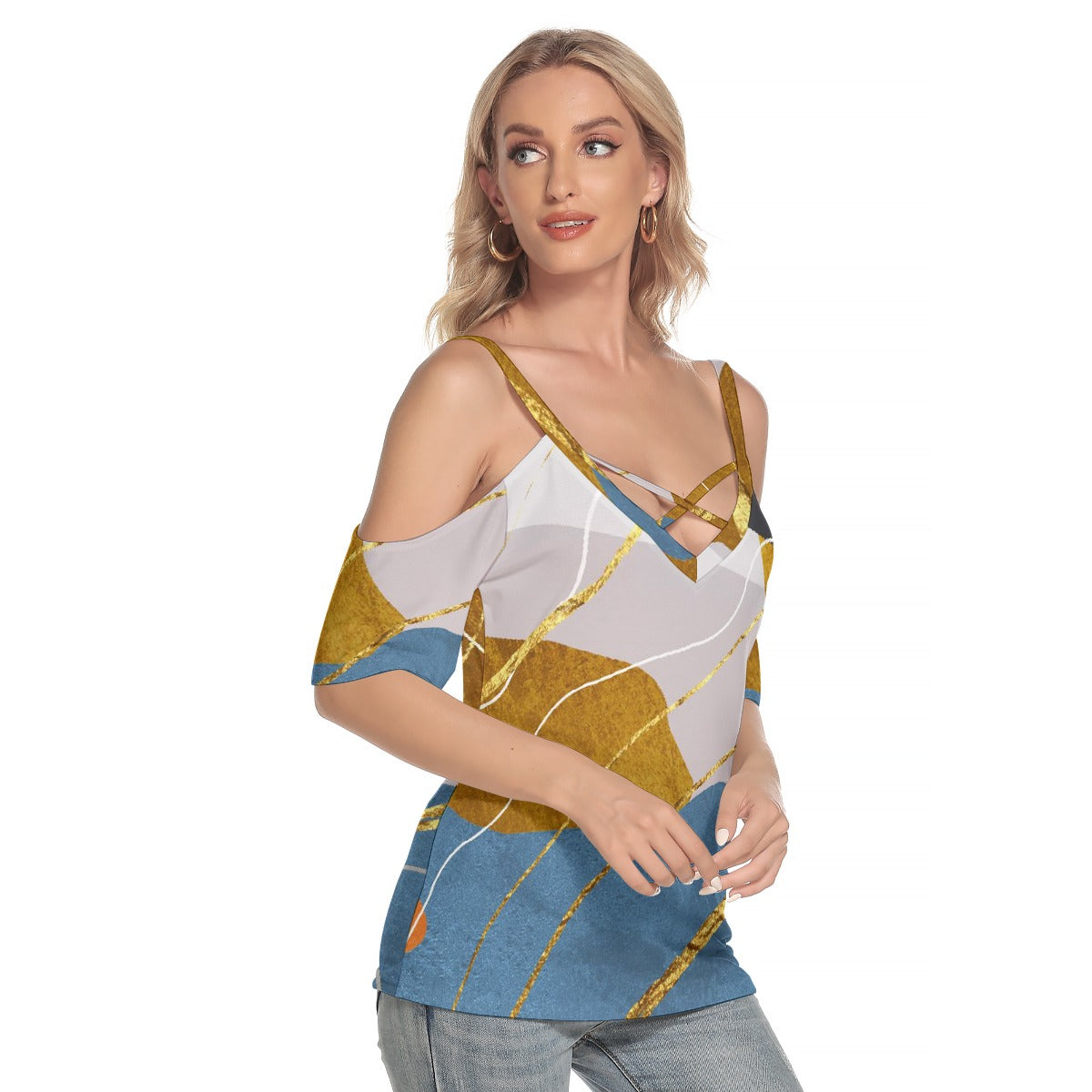 All-Over Print Women's Cold Shoulder T-shirt With Criss Cross Strips