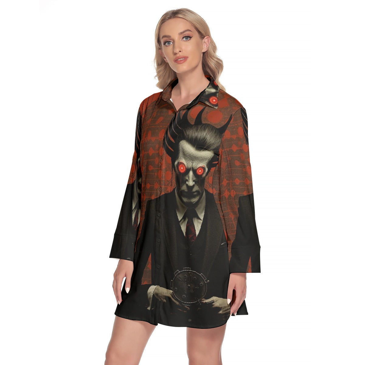 All-Over Print Women's Lapel Shirt Dress With Long Sleeve